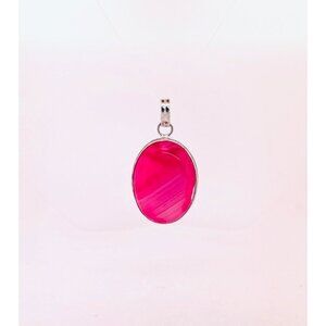 Estate 925 Sterling Silver Pink Banded Agate Oval Pendant Necklace Charm